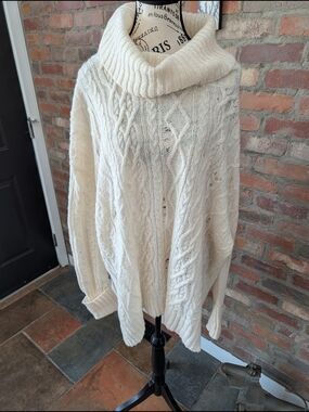 Free People Distressed Cream Cable Knit Cowl Sweater